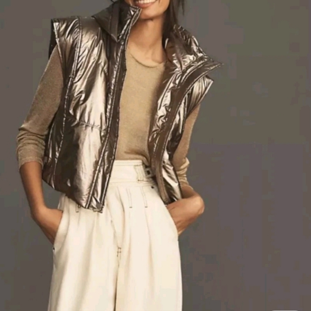 Daily Practice By Anthropologie Gold Metallic Cropped Hooded Puffer Vest Size 2X - Picture 1 of 8